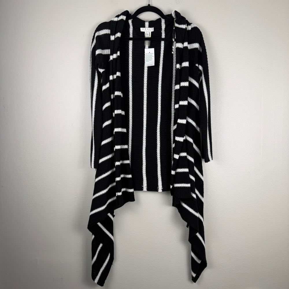 Chaus New York Sweater Women's Medium Black White Striped Cardigan Draped Hem